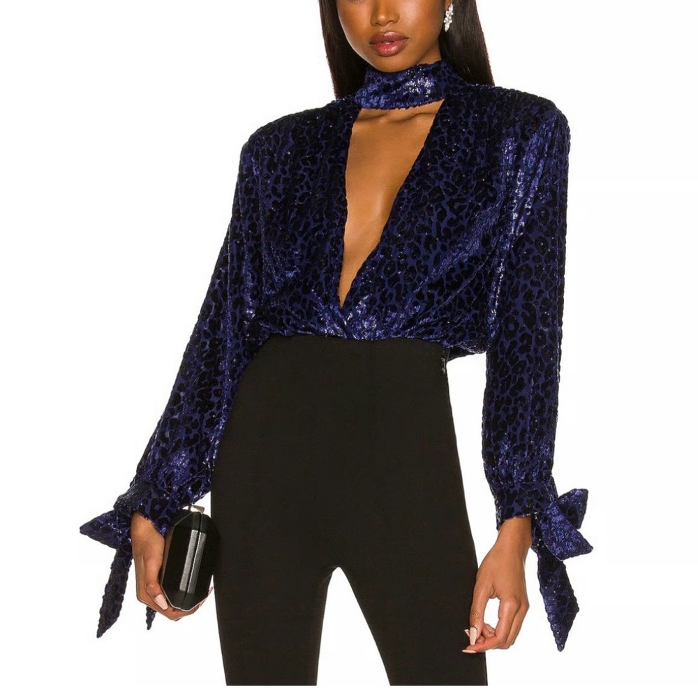 Lovers + Friends Deep Blue Velvet Bodysuit size S